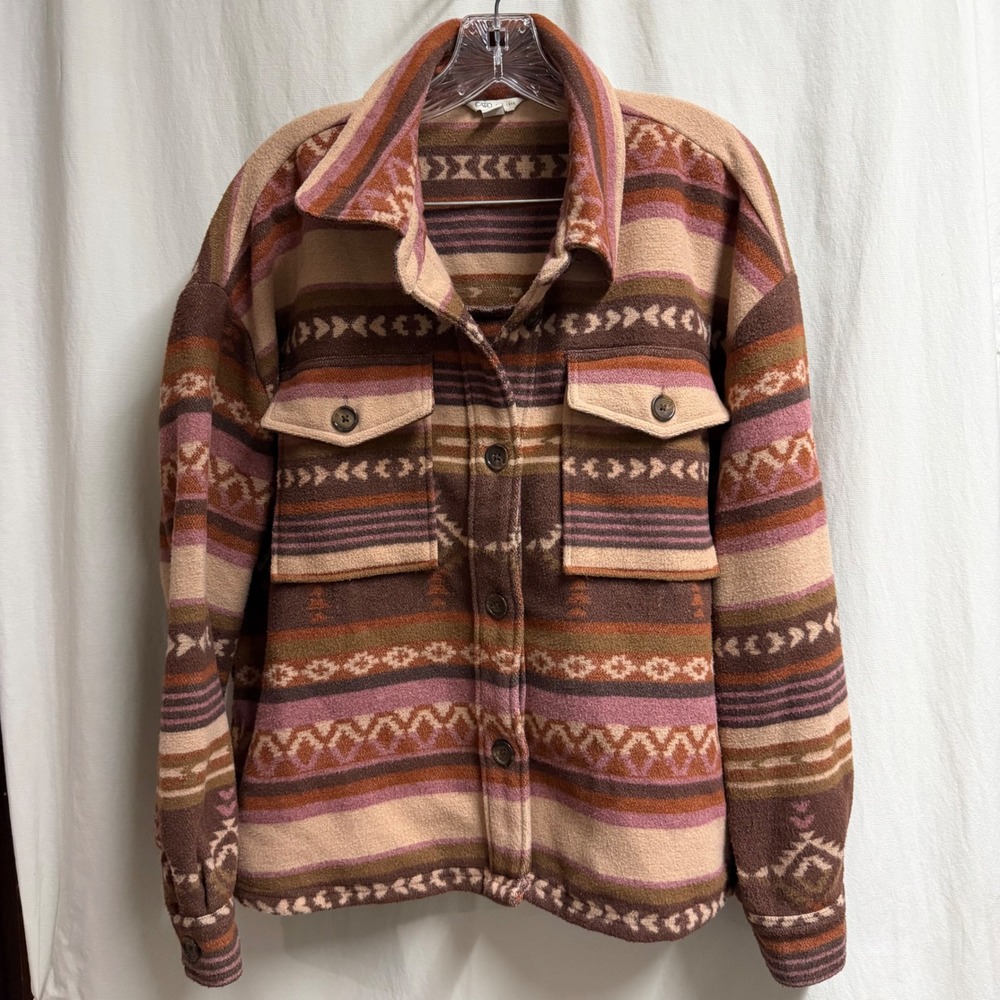 Cato Womens XL Southwestern Geometric Fleece Shacket Brown Pink Button Up Jacket